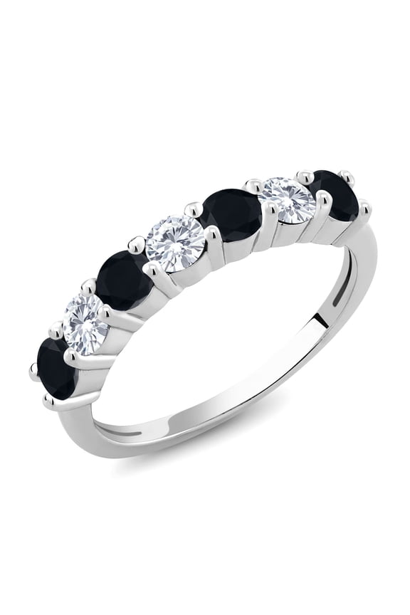 925 Sterling Silver Black Onyx and White Moissanite Band Ring for Women (1.00 Cttw, Gemstone Birthstone, Available in Size 5, 6, 7, 8, 9)