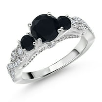 Gem Stone King 925 Sterling Silver Black Onyx and White Moissanite Engagement Ring for Women (1.27 Cttw, Gemstone December Birthstone, Round 6MM and 3MM, Size 9)