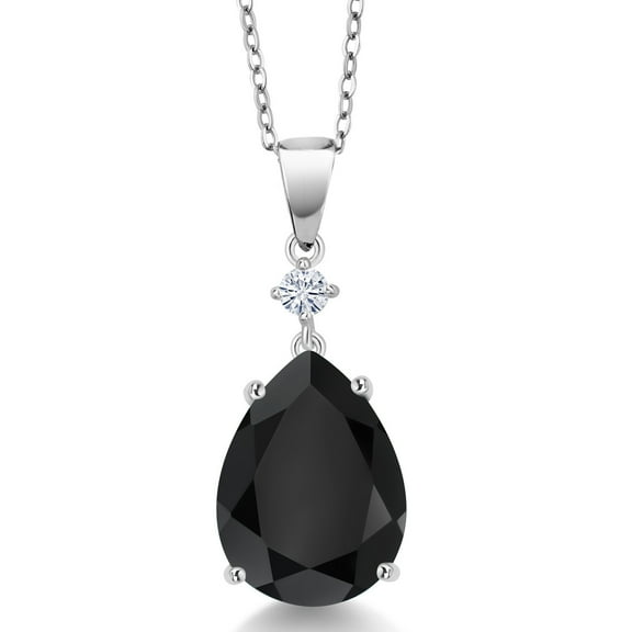 Gem Stone King 925 Sterling Silver Black Onyx and White Moissanite Pendant Necklace for Women (7.47 Cttw, Pear Shape 16X12MM, Gemstone, with 18 inch Chain)