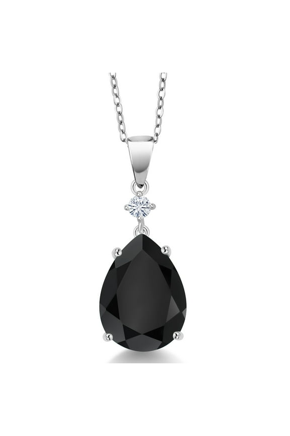 925 Sterling Silver Black Onyx and White Moissanite Pendant Necklace for Women (7.47 Cttw, Pear Shape 16X12MM, Gemstone, with 18 inch Chain)