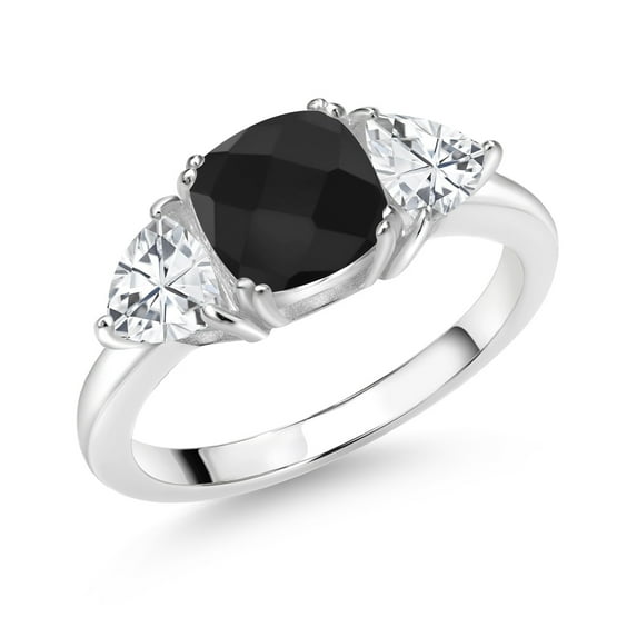 Gem Stone King 925 Sterling Silver Black Onyx and White Zirconia 3 Stone Engagement Ring for Women (3.01 Cttw, Gemstone December Birthstone, Available in Size 5, 6, 7, 8, 9)