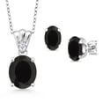 thumbnail image 1 of Gem Stone King 925 Sterling Silver Black Onyx and White Zirconia Pendant and Earrings Jewelry Set for Women (6.23 Cttw, Gemstone Birthstone, Oval 11X9MM and 8X6MM with 18 inch Silver Chain), 1 of 3