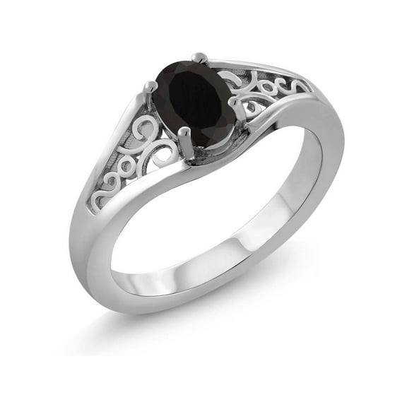 Gem Stone King 925 Sterling Silver Black Onyx Solitaire Ring for Women | 0.68 Cttw | Gemstone Birthstone | Oval 7X5MM | Available in Size 5, 6, 7, 8, 9
