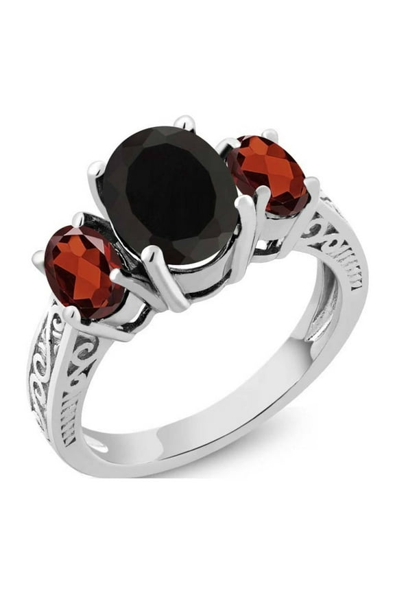 925 Sterling Silver Black Onyx and Red Garnet 3 Stone Ring for Women (2.73 Cttw, Gemstone Birthstone, Available in Size 5, 6, 7, 8, 9)