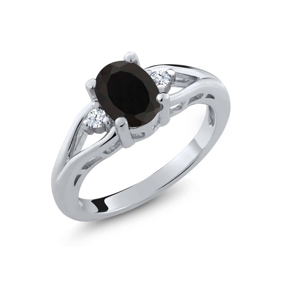 Gem Stone King 925 Sterling Silver Black Onyx and White Created Sapphire 3 Stone Engagement Ring for Women | 1.33 Cttw | Oval 8X6MM | Round 2MM | Gemstone December Birthstone | Size 7