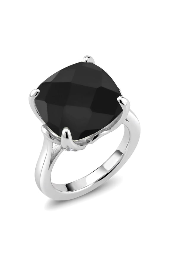 925 Sterling Silver Cushion Checkerboard Black Onyx and White Diamond Ring for Women (8.27 Cttw, Gemstone Birthstone, Size 6)