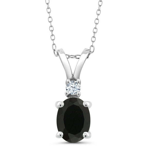 Gem Stone King 925 Sterling Silver Black Onyx and White Created Sapphire Pendant Necklace for Women (2.25 Cttw, Oval with 18 inch Silver Chain)