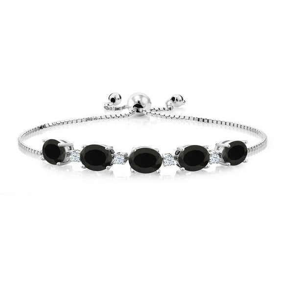 Gem Stone King 925 Sterling Silver Black Onyx and White Created Sapphire Tennis Bracelet for Women (8.20 Cttw, Gemstone Birthstone, Oval 8X6MM)