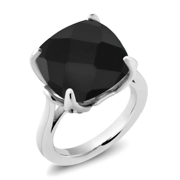 Gem Stone King 925 Sterling Silver Black Onyx and White Diamond Engagement Ring for Women (8.27 Cttw, 14MM Cushion Checkerboard, Size 5)