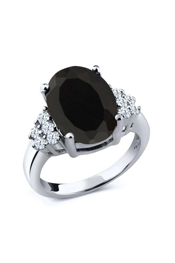4.40 Cttw Oval Black Onyx and White Topaz Engagement Ring for Women | 925 Sterling Silver | 12X10MM Oval Center | Wedding Engagement Anniversary Promise Ring for Women | Size 7