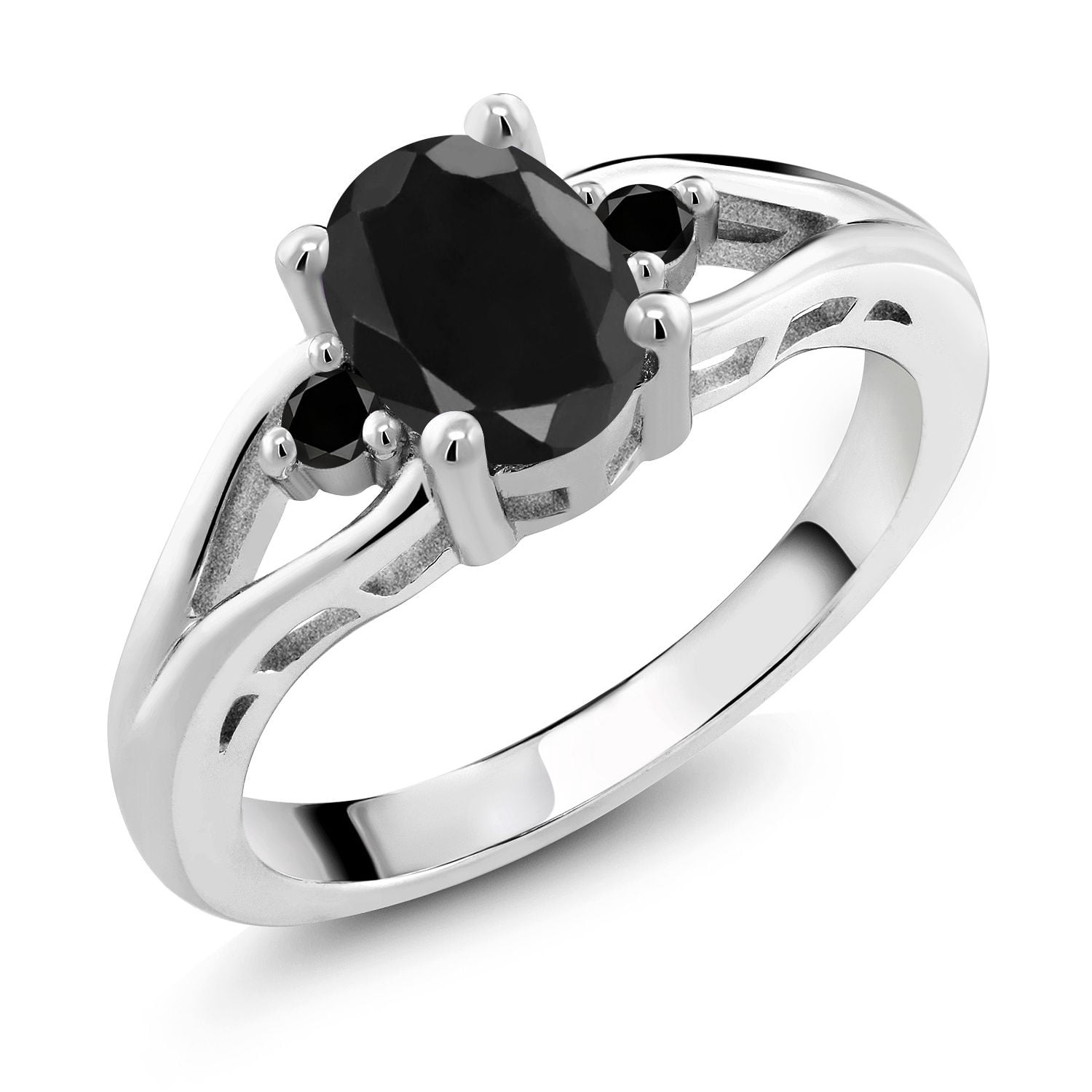 Gem Stone King 925 Sterling Silver Black Sapphire and Black Diamond 3 Stone Engagement Ring for Women | 1.73 Cttw | Oval 8X6MM | Round 2MM | Gemstone September Birthstone | Size 9
