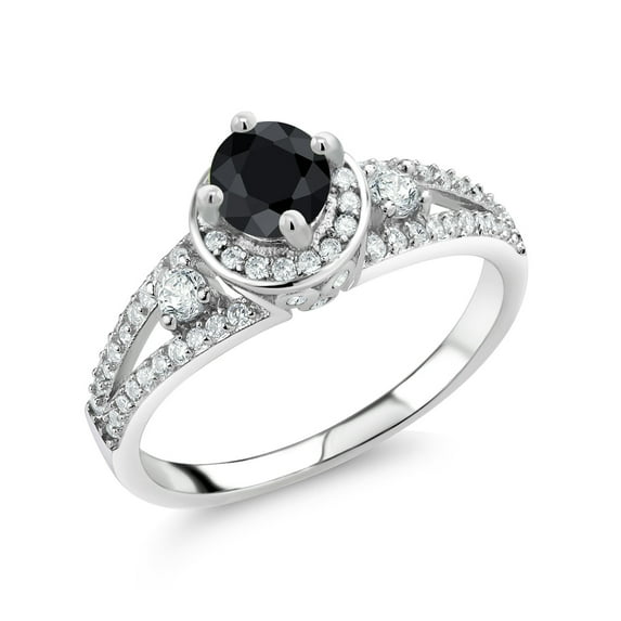 Gem Stone King 925 Sterling Silver Black Sapphire Engagement Ring for Women (1.63 Cttw, Round 5MM, Gemstone September Birthstone, Size 7)