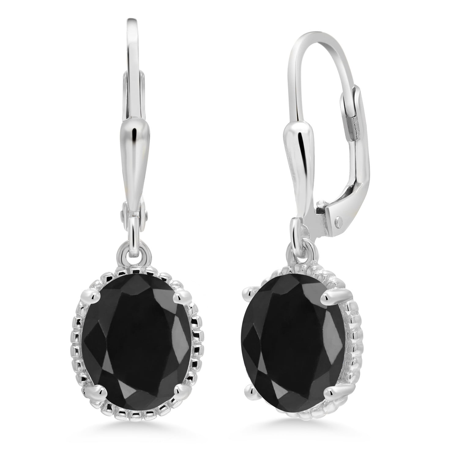 Gem Stone King 925 Sterling Silver Black Sapphire Leverback Dangle Earrings for Women (5.00 Cttw, Gemstone September Birthstone, Oval 9X7MM)