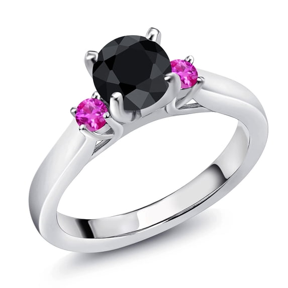 Gem Stone King 925 Sterling Silver Black Sapphire and Pink Sapphire 3-Stone Engagement Ring for Women (1.25 Cttw, Round 6MM, Gemstone September Birthstone, Size 8)