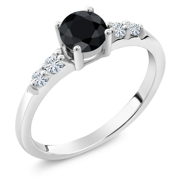 Gem Stone King 925 Sterling Silver Black Sapphire and White Lab Grown Diamond Engagement Engagement Ring for Women (0.84 Cttw, Round 5MM, Gemstone September Birthstone, Size 7)