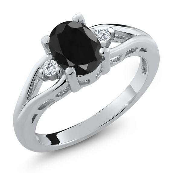 Gem Stone King 925 Sterling Silver Black Sapphire and White Moissanite 3 Stone Engagement Ring for Women | 1.74 Cttw | Oval 8X6MM | Round 2MM | Gemstone September Birthstone | Size 7