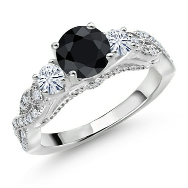 Gem Stone King 925 Sterling Silver Black Sapphire and White Moissanite Engagement Ring for Women (1.62 Cttw, Gemstone September Birthstone, Round 6MM and 3MM)