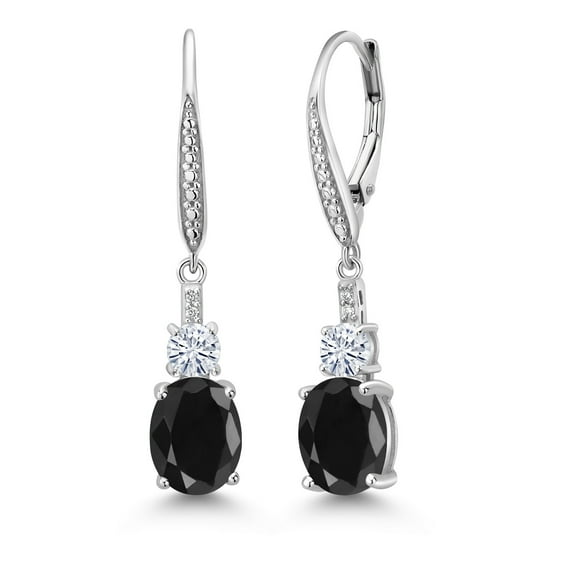 Gem Stone King 925 Sterling Silver Black Sapphire and White Moissanite Dangle Earrings for Women with Lab Grown Diamond (5.49 Cttw, Oval 9X7MM)
