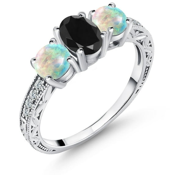 Gem Stone King 925 Sterling Silver Black Sapphire and White Simulated Opal Ring for Women (2.19 Cttw, Size 7)