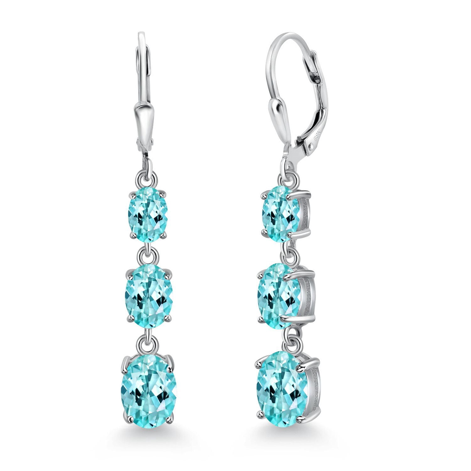 Gem Stone King 925 Sterling Silver Blue Apatite 3 Stone Dangle Earrings for Women (5.09 Cttw, Gemstone Birthstone, Oval 8X6MM, 7X5MM and 6X4MM)