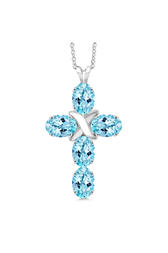 925 Sterling Silver Blue Apatite Cross Pendant Necklace for Women (2.62 Cttw, Gemstone, Oval 6X4MM, With 18 inch Silver Chain)