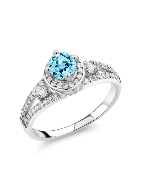 925 Sterling Silver Blue Apatite Engagement Ring for Women (1.44 Cttw, Round 5MM, Gemstone Birthstone, Size 6)