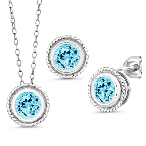 Gem Stone King 925 Sterling Silver Blue Apatite Pendant Earrings Set for Women (2.45 Cttw, Gemstone Birthstone, Round 6MM, With 18 inch Chain)