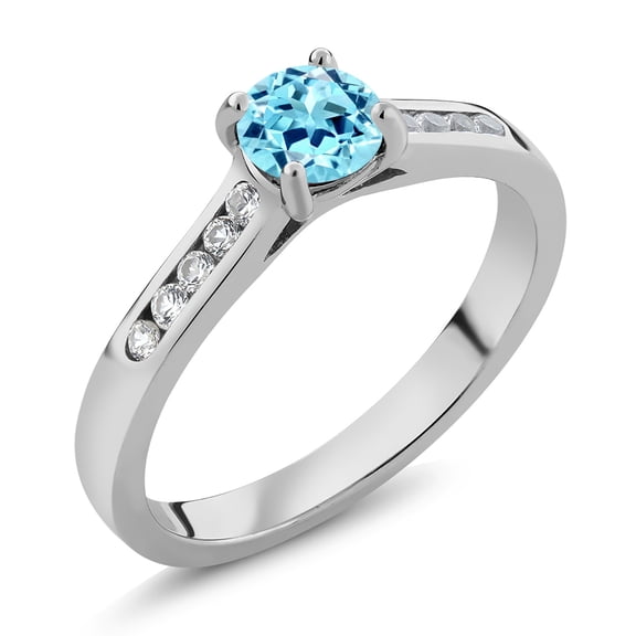 Gem Stone King 925 Sterling Silver Blue Apatite and White Created Sapphire Engagement Ring for Women | 0.60 Cttw | Round 5MM | Gemstone Birthstone | Size 8