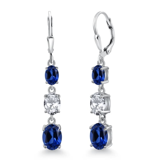 Gem Stone King 925 Sterling Silver Blue Created Sapphire 3 Stone Dangle Earrings for Women (7.40 Cttw, Gemstone September Birthstone, Oval 8X6MM, 7X5MM and 6X4MM)