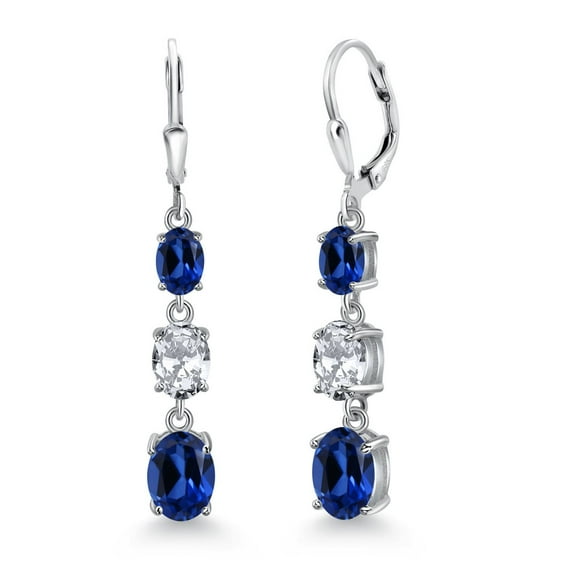 Gem Stone King 925 Sterling Silver Blue Created Sapphire 3 Stone Dangle Earrings for Women (7.40 Cttw, Gemstone September Birthstone, Oval 8X6MM, 7X5MM and 6X4MM)