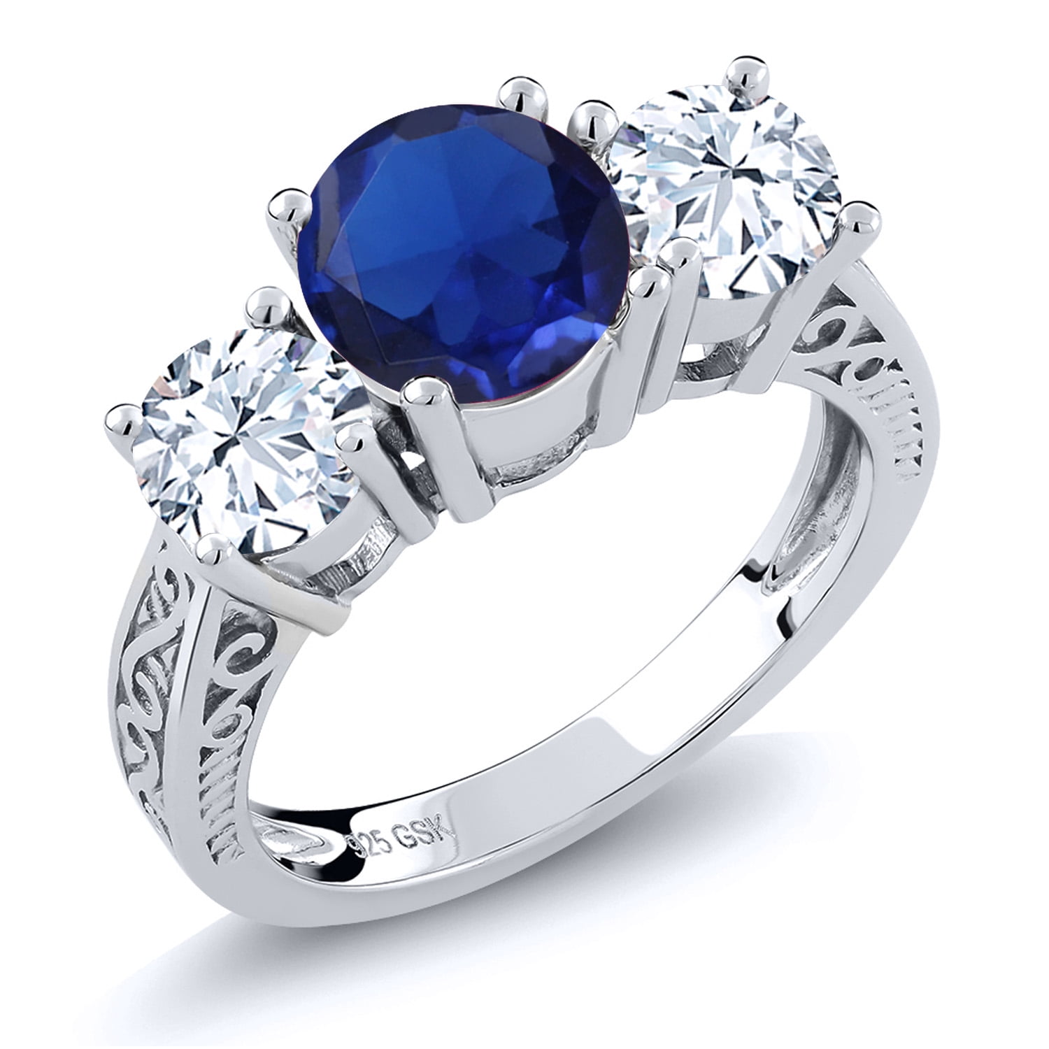 Gem Stone King 3.17 Cttw Blue Created Sapphire 3-Stone Engagement Ring for Women | 925 Sterling Silver | Three Stone Wedding Engagement Anniversary Promise Ring (Size 6)