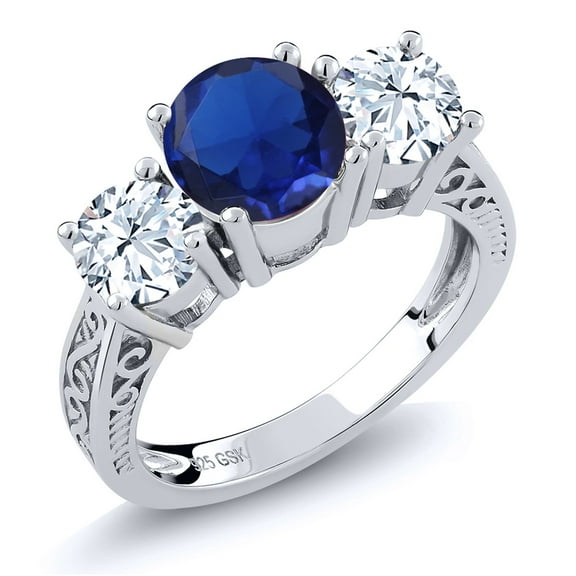 Gem Stone King 3.17 Cttw Blue Created Sapphire 3-Stone Engagement Ring for Women | 925 Sterling Silver | Three Stone Wedding Engagement Anniversary Promise Ring | Available in Size 5, 6, 7, 8, 9