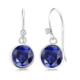 thumbnail image 1 of Gem Stone King 925 Sterling Silver Blue Created Sapphire 925 Sterling Silver Dangle Earrings for Women (2.02 cttw, Round 6MM), 1 of 4