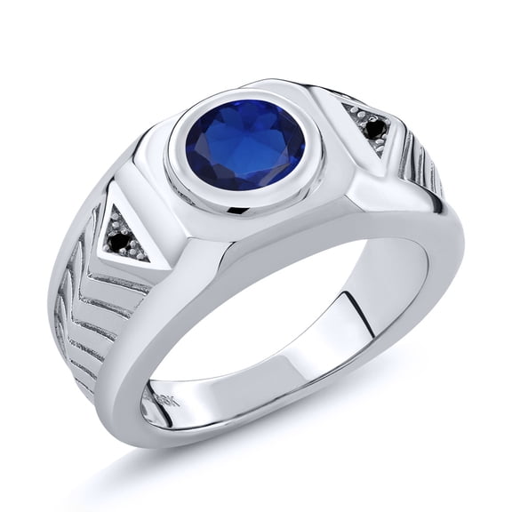 Gem Stone King 925 Sterling Silver Blue Created Sapphire and Black Diamond Ring for Men | 2.53 Cttw | Round 8MM | Gemstone September Birthstone | Size 13