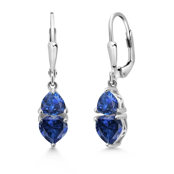 Gem Stone King 925 Sterling Silver Blue Created Sapphire and Blue Created Sapphire Dangle Leverback Earrings for Women (2.68 Cttw, Gemstone September Birthstone, Heart Shape 6MM, Trillion 5MM)