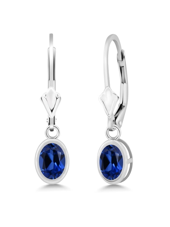 925 Sterling Silver Blue Created Sapphire Dangle Earrings for Women | 2.00 Cttw | Oval 7X5MM