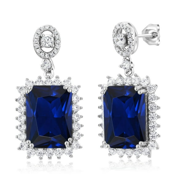 Gem Stone King 20.60 Cttw Blue Created Sapphire Dangle Earrings for Women |. 925 Sterling Silver | Gemstone September Birthstone | Emerald Cut 14X10MM