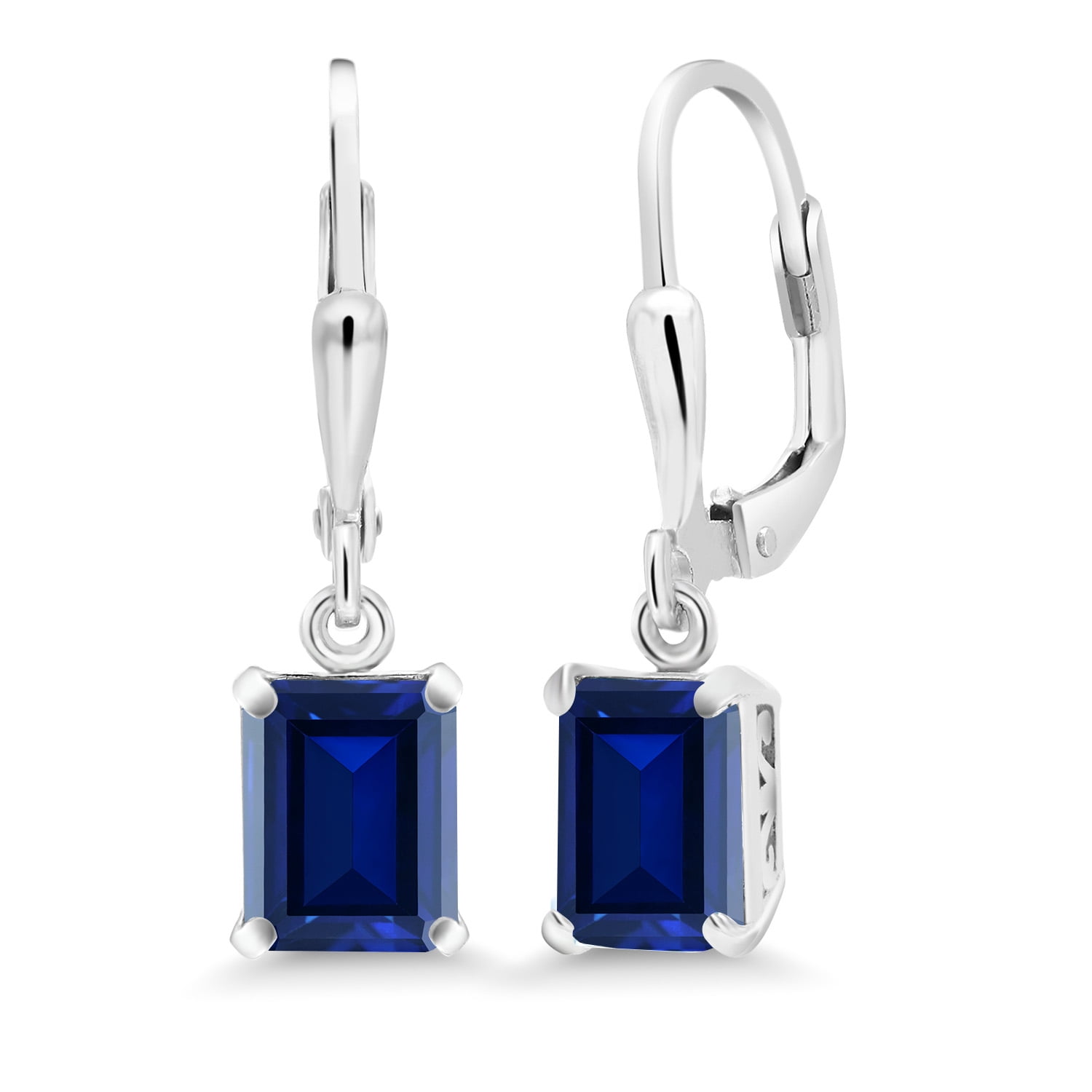 Gem Stone King 925 Sterling Silver Blue Created Sapphire Dangle Earrings for Women (3.00 Cttw, Gemstone September Birthstone, Emerald Cut 8X6MM)