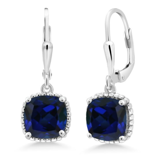 Gem Stone King 925 Sterling Silver Blue Created Sapphire Dangling Earrings for Women (5.00 Cttw, Cushion Cut 8MM)
