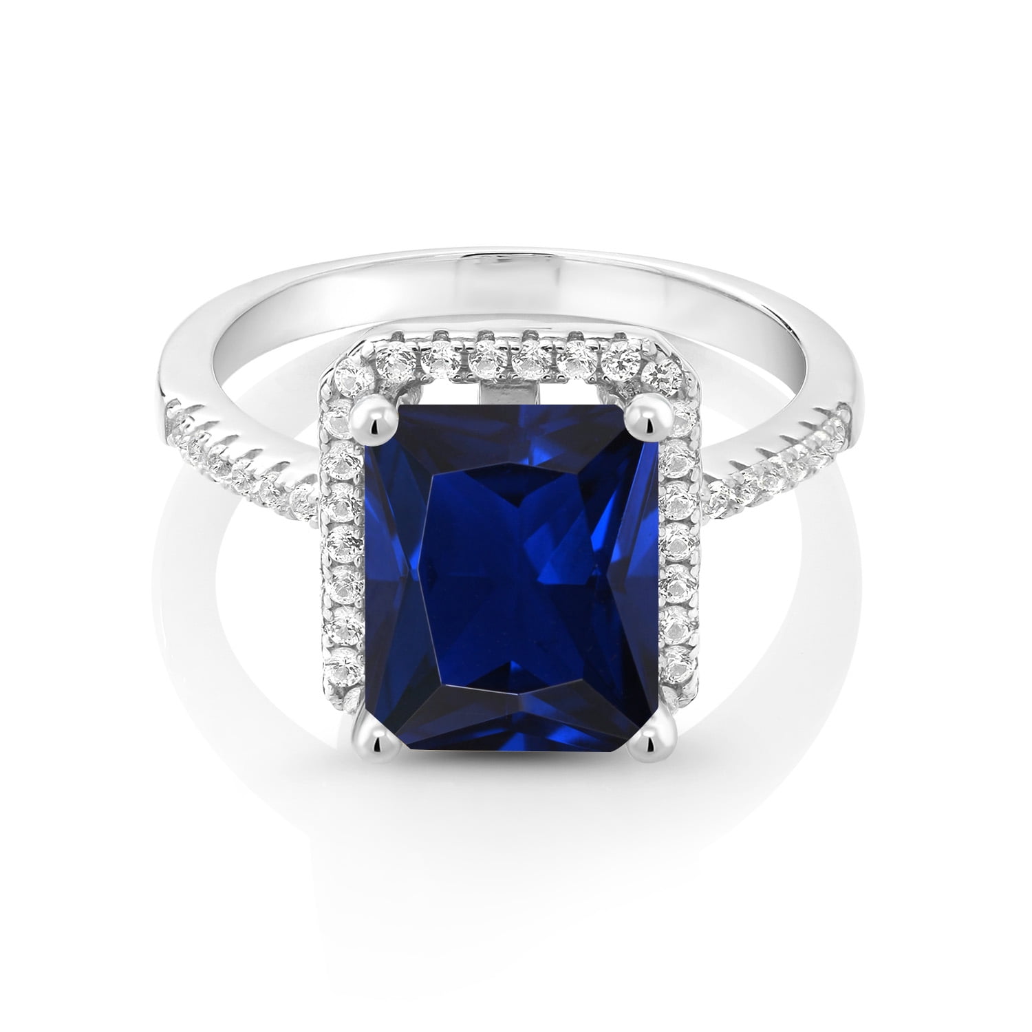 Gem Stone King 925 Sterling Silver Blue Created Sapphire Engagement Ring for Women (4.36 Cttw, Emerald Cut 10X8MM, Gemstone September Birthstone, Size 8)
