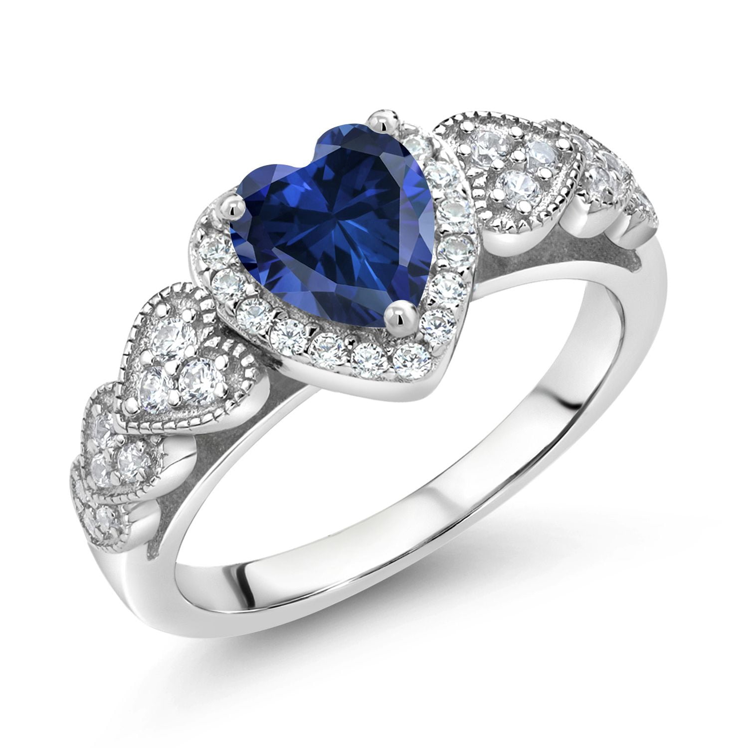 Gem Stone King 925 Sterling Silver Blue Created Sapphire Engagement Ring for Women (1.23 Cttw, Heart Shape 6MM, Available in Size 5, 6, 7, 8, 9)