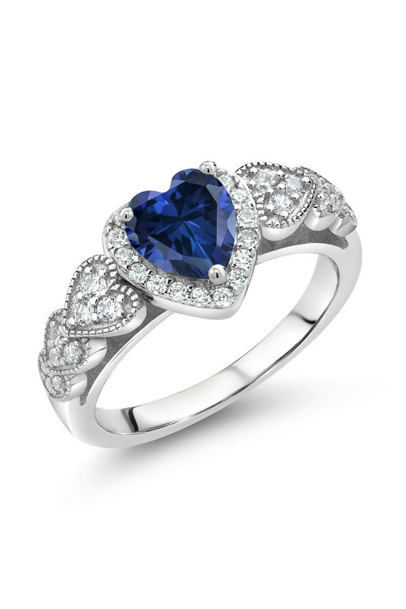 925 Sterling Silver Blue Created Sapphire Engagement Ring for Women (1.23 Cttw, Heart Shape 6MM, Available in Size 5, 6, 7, 8, 9)