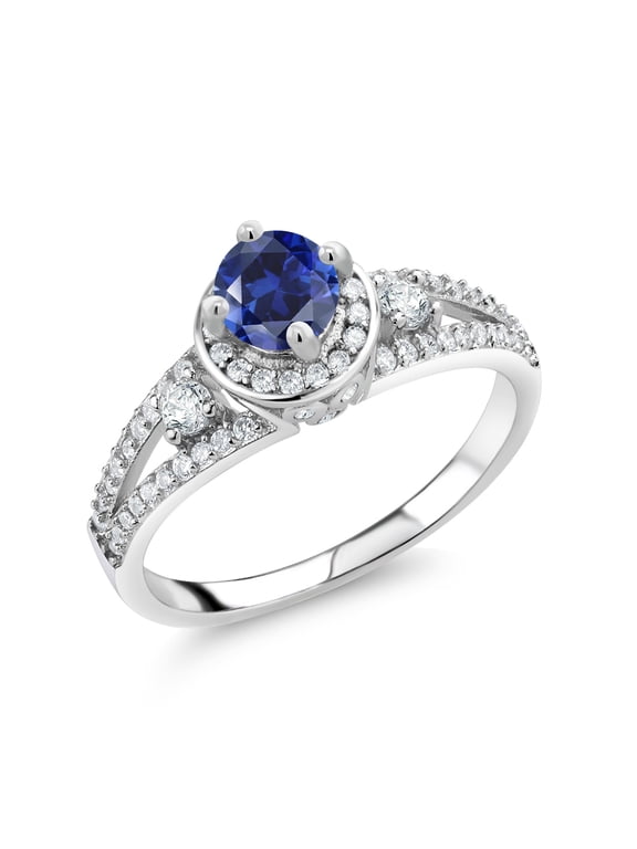 925 Sterling Silver Blue Created Sapphire Engagement Ring for Women (1.54 Cttw, Round 5MM, Available in Size 5, 6, 7, 8, 9)