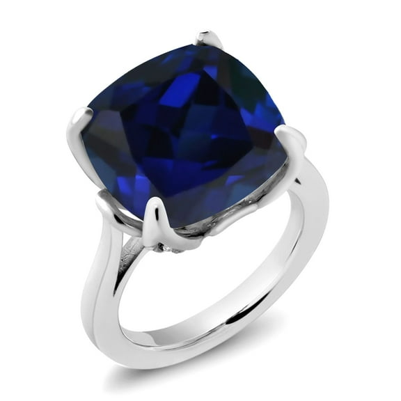 Gem Stone King 925 Sterling Silver Blue Created Sapphire Engagement Ring for Women (14.18 Cttw, 14MM Cushion, Size 7)