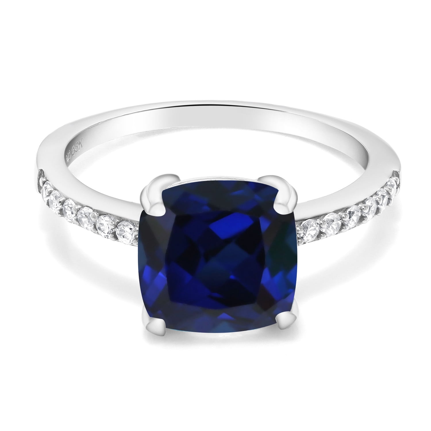 Gem Stone King 925 Sterling Silver Blue Created Sapphire Engagement Ring for Women (2.62 Cttw, Cushion Cut 8MM, Available in Size 5, 6, 7, 8, 9)