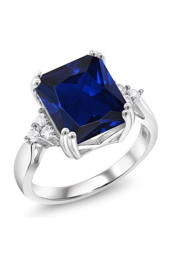 925 Sterling Silver Blue Created Sapphire Engagement Ring for Women (6.88 Cttw, Emerald Cut 12X10MM, Available in Size 5, 6, 7, 8, 9)