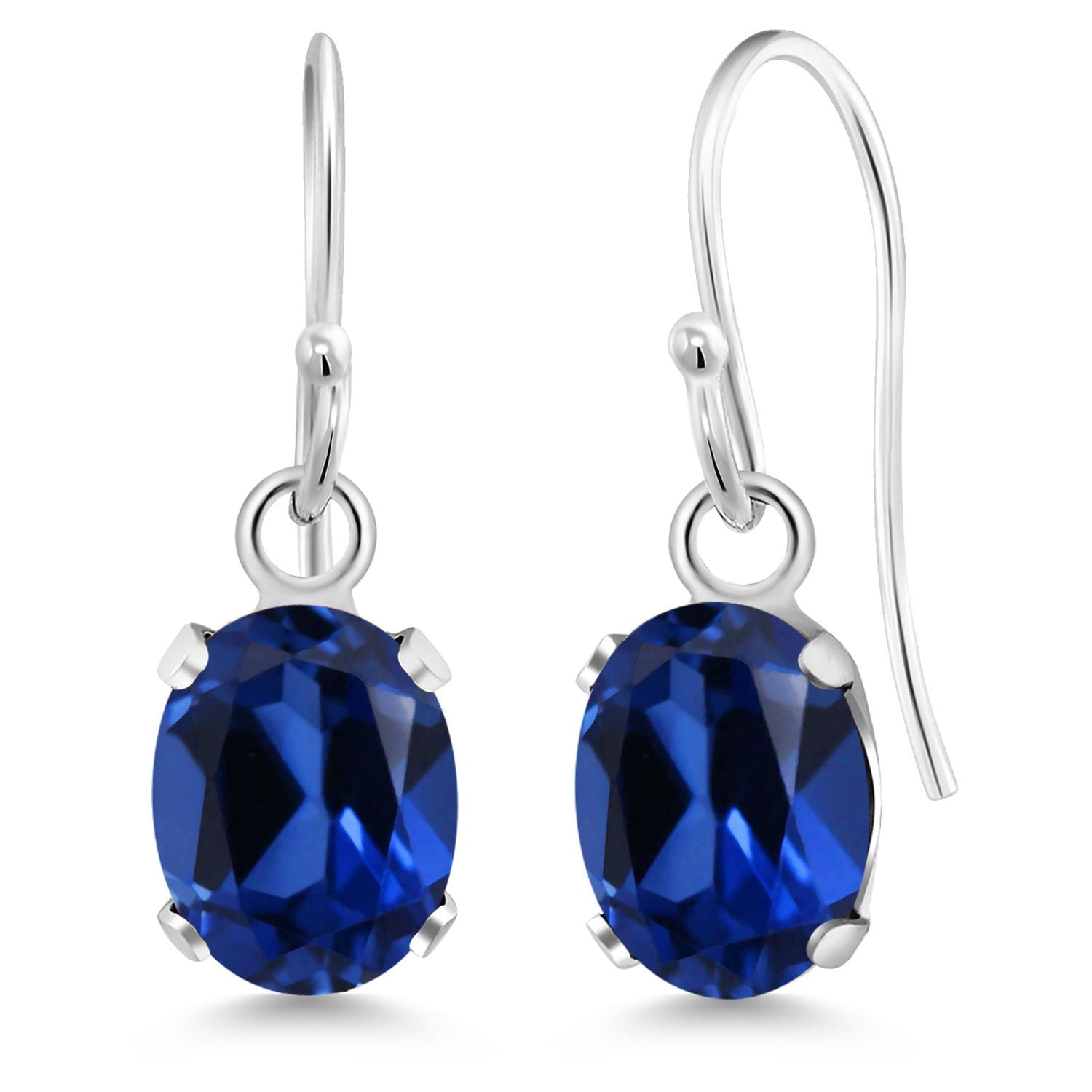 Gem Stone King 1.80 Cttw Blue Created Sapphire French Wire Dangle Hook Earrings for Women | 925 Sterling Silver | Gemstone September Birthstone | Oval 7X5MM