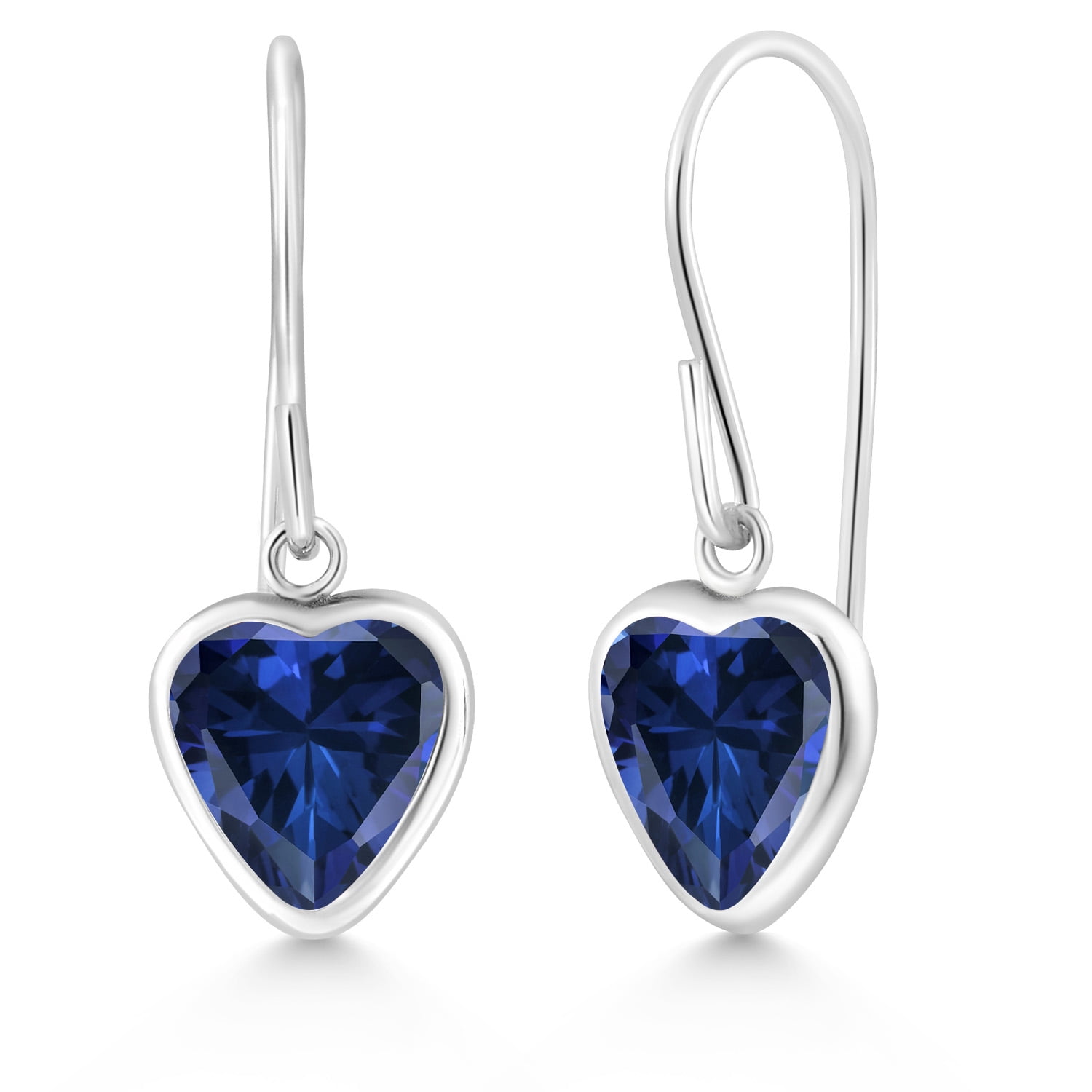 Gem Stone King 1.92 Cttw Blue Created Sapphire French Wire Dangle Hook Earrings for Women | 925 Sterling Silver | Gemstone September Birthstone | Heart Shape 6MM
