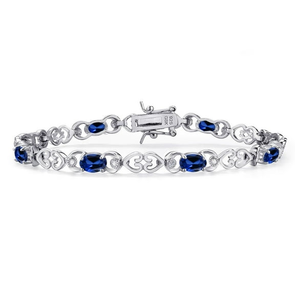 Gem Stone King 925 Sterling Silver Blue Created Sapphire and Lab Grown Diamond Bracelet for Women | 4.81 Cttw | Gemstone September Birthstone | Oval 6X4MM | Length 7.25 inches