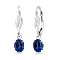 Gem Stone King 925 Sterling Silver Blue Created Sapphire Leverback Dangle Drop Earrings for Women (2.00 Cttw, Gemstone September Birthstone, Oval 7X5MM)